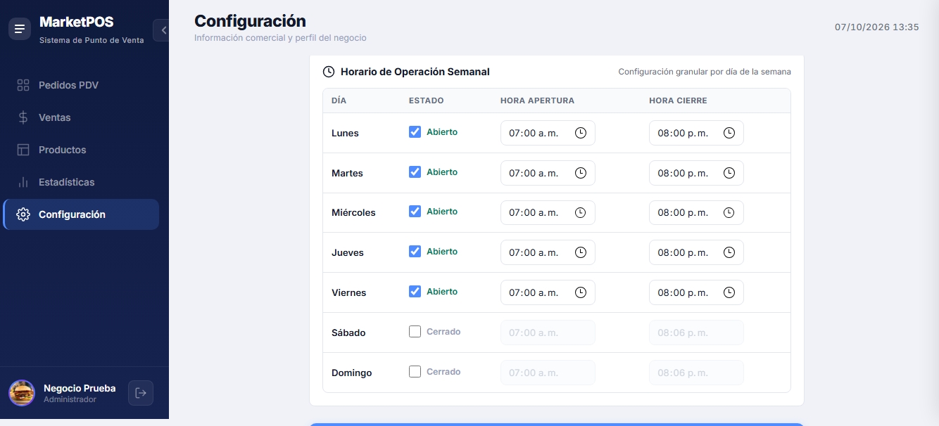 Panel de configuración fiscal, periféricos y horarios